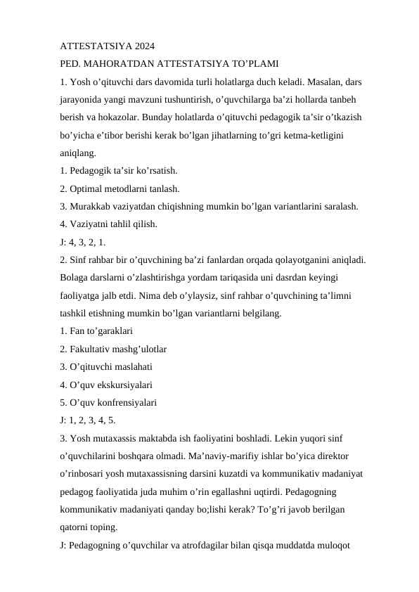 Pedagogik mahoratdan namunaviy test to'plami