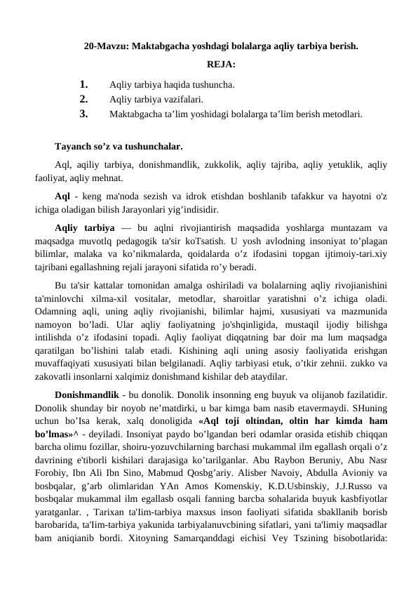 Maktabgacha yoshdagi bolalarga aqliy tarbiya berish