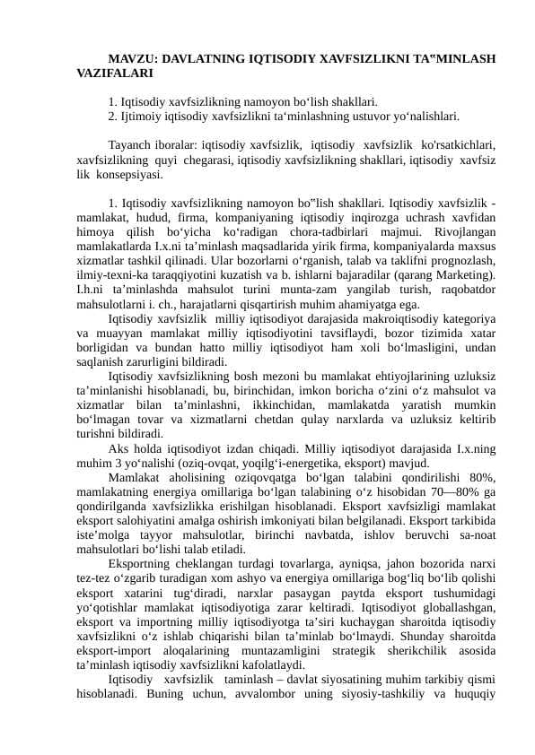 DAVLATNING IQTISODIY XAVFSIZLIKNI TA‟MINLASH VAZIFALARI
