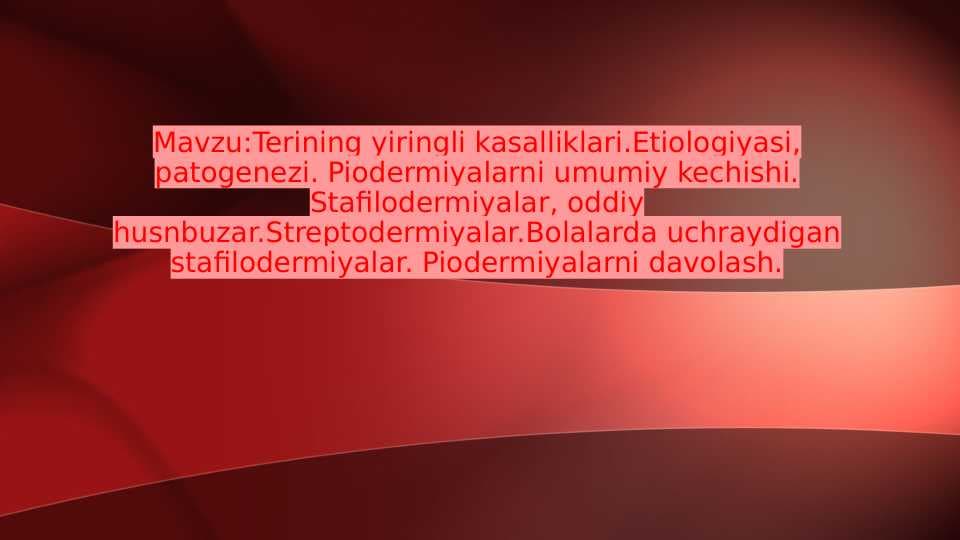 Terining yiringli kasalliklari . Piodermiyalarni umumiy kechishi . Stafilodermiyalar , oddiy husnbuzar . Streptodermiyalar . Bolalarda uchraydigan stafilodermiyalar . Piodermiyalarni davolash
