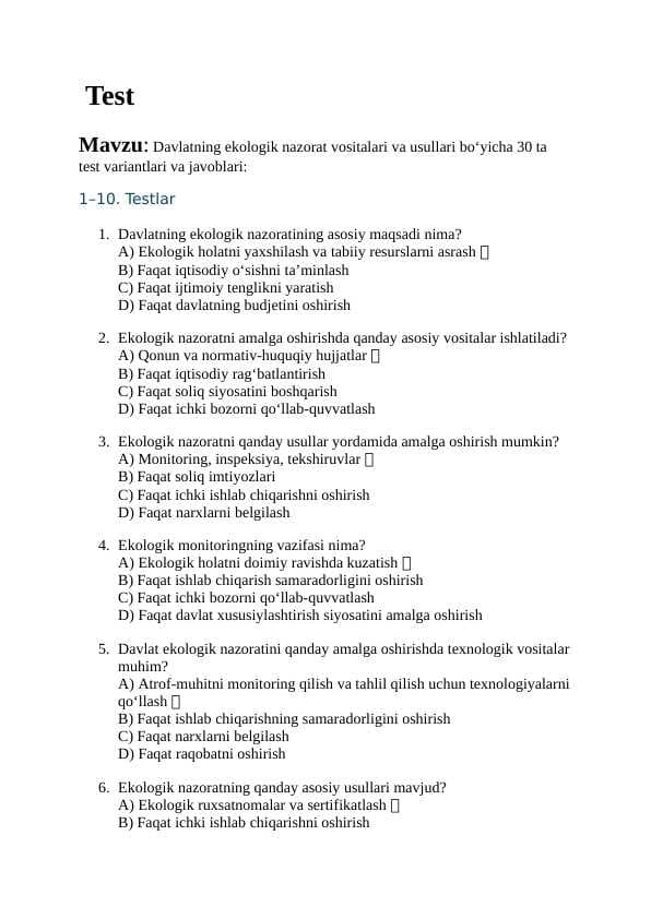 Mavzu: Davlatning ekologik nazorat vositalari va usullari bo‘yicha 30 ta test variantlari va javoblari: