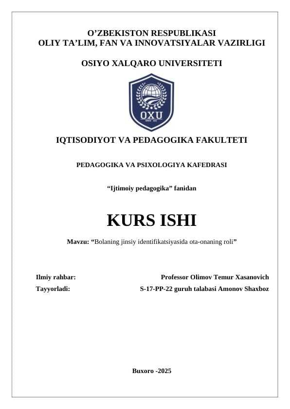 Bolaning jinsiy identifikatsiyasida ota-onaning roli