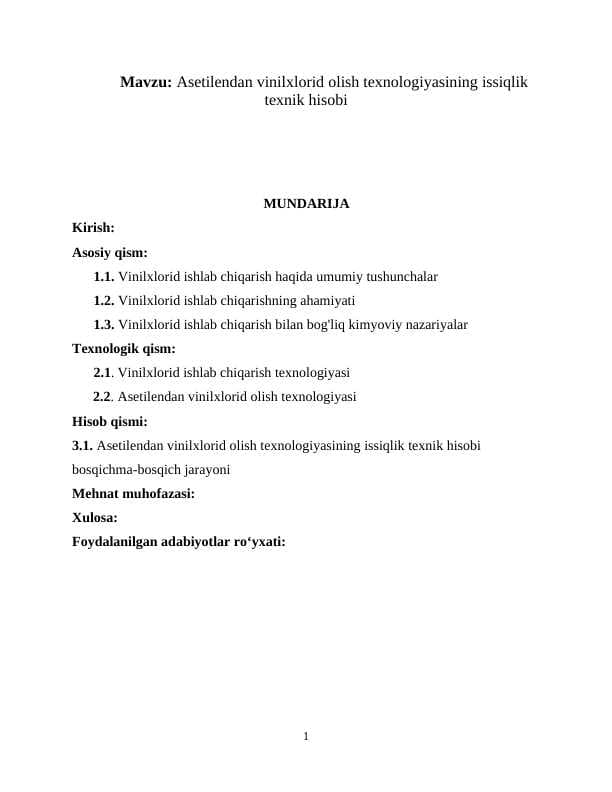 Asetilendan vinilxlorid olish texnologiyasining issiqlik texnik hisobi