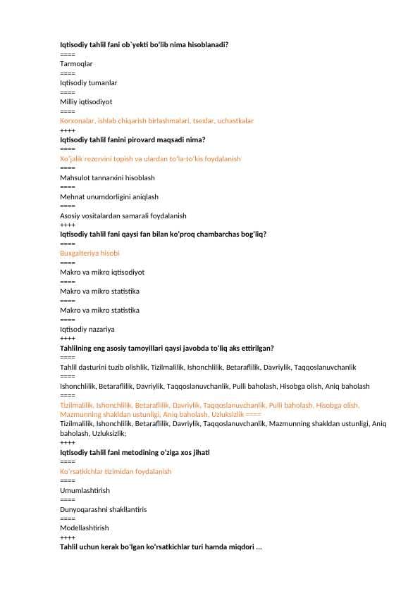 Iqtisodiy tahlil fanidan YN javoblari