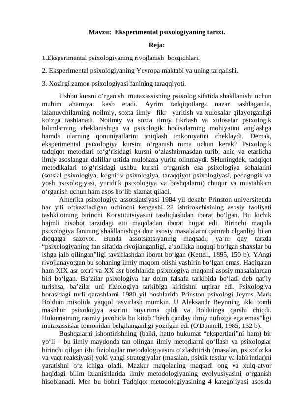 Eksperimental psixologiyaning tarixi