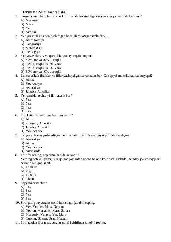 Tabiiy fan 2-sinf test