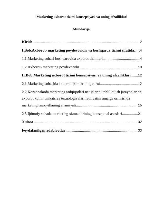 Marketing axborot tizimi konsepsiyasi va uning afzalliklari