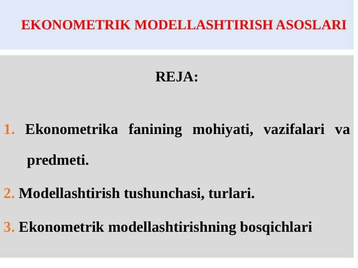 EKONOMЕTRIK MODELLASHTIRISH ASOSLARI