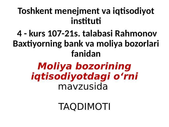 Moliya bozorining iqtisodiyotdagi oʻrni