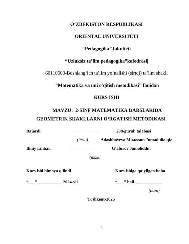 2-SINF MATEMATIKA DARSLARIDA GEOMETRIK SHAKLLARNI O‘RGATISH METODIKASI