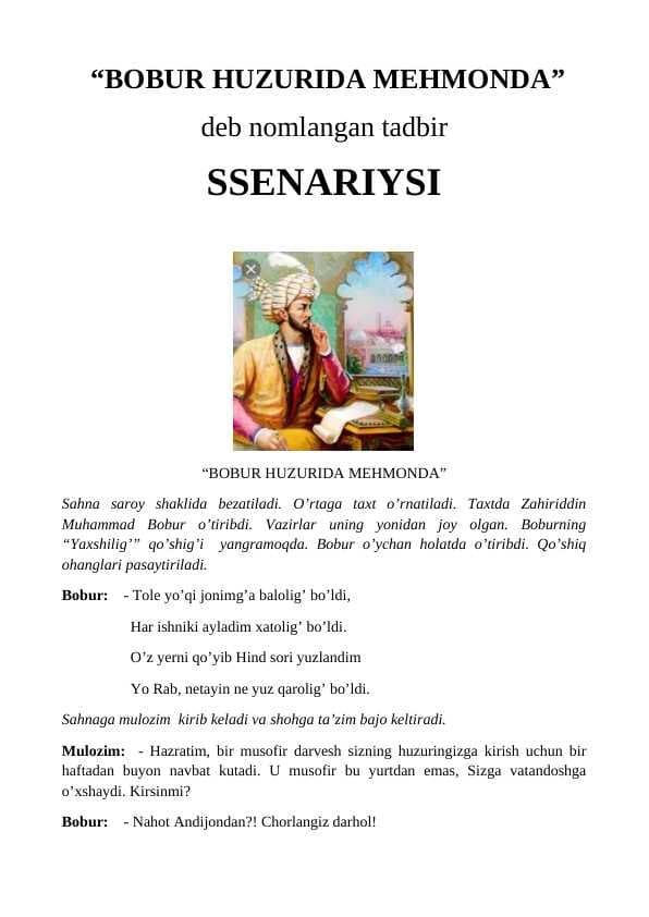 BOBUR HUZURIDA MEHMONDA deb nomlangan tadbir SSENARIYSI