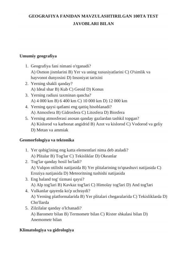 GEOGRAFIYA FANIDAN MAVZULASHTIRILGAN 100TA TEST