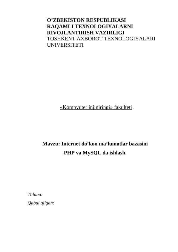 Internet do’kon ma’lumotlar bazasini PHP va MySQL da ishlash.