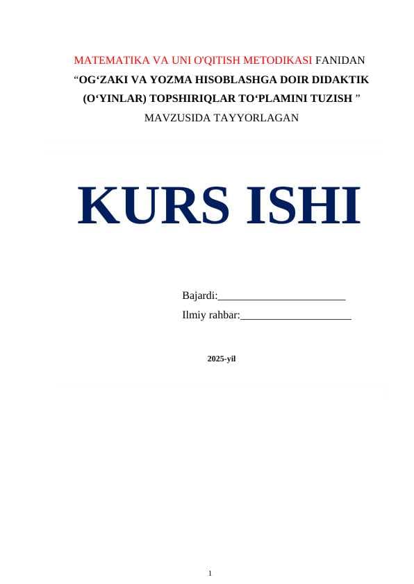 OG‘ZAKI VA YOZMA HISOBLASHGA DOIR DIDAKTIK (O‘YINLAR) TOPSHIRIQLAR TO‘PLAMINI TUZISH