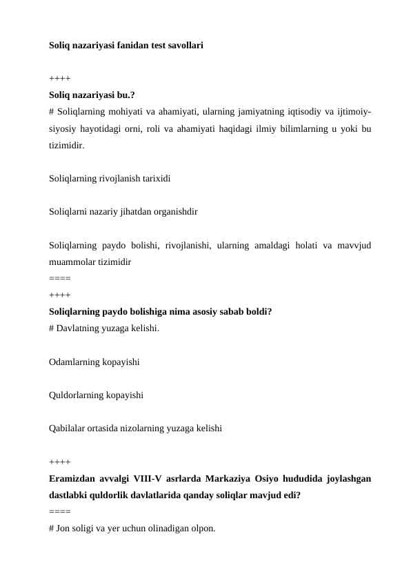 Soliq nazariyalari uchun testlar toʻplami