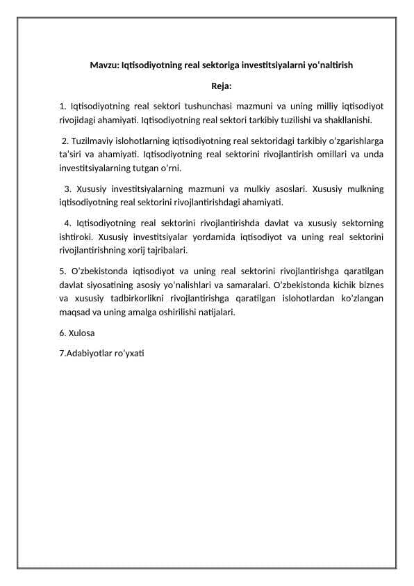 Iqtisodiyotning real sektoriga investitsiyalarni yoʻnaltirish