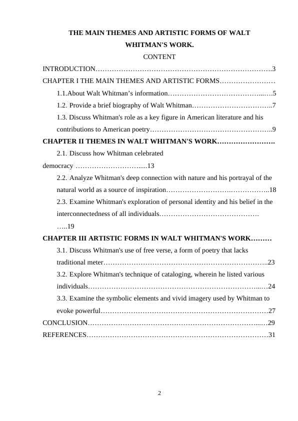 THE MAIN THEMES AND ARTISTIC FORMS OF WALT  WHITMAN'S WORK