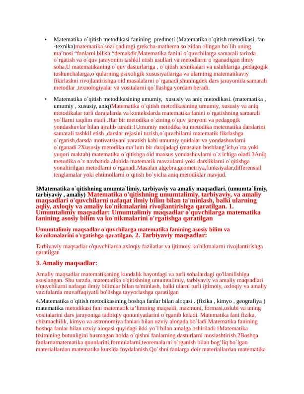Matematika o'qitish metodikasi fanidan o'quv qo'llanma.Misollari bilan