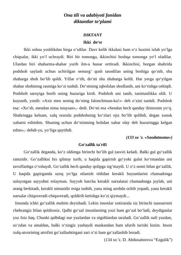 Ona tili va adabiyoti fanidan diktantlar to'plami