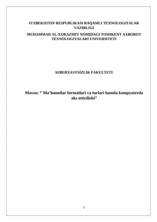Ma’lumotlar formatlari va turlari hamda kompyuterda aks ettirilishi