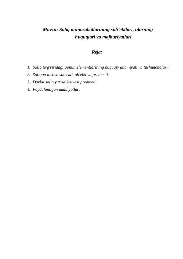 Soliq munosabatlarining sub’ektlari, ularning