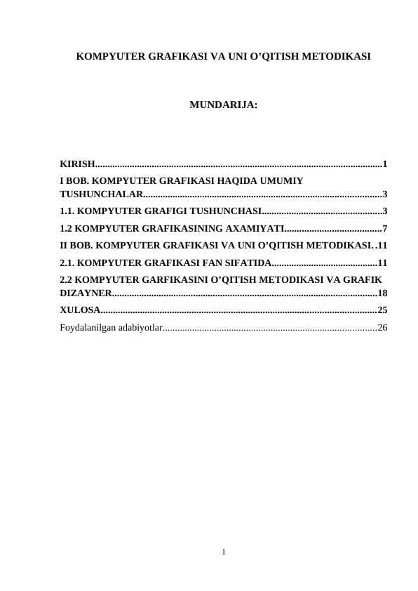 Kompyuter grafikasi va uni o’qitish metodikasi
