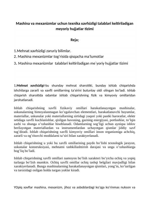Mashina va mexanizmlar uchun texnika xavfsizligi talablari keltiriladigan meyoriy hujjatlar tizimi