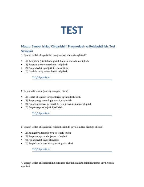 Mavzu: Sanoat Ishlab Chiqarishini Prognozlash va Rejalashtirish: Test Savollari. 100 TA TEST JAVOBLARI BILAN