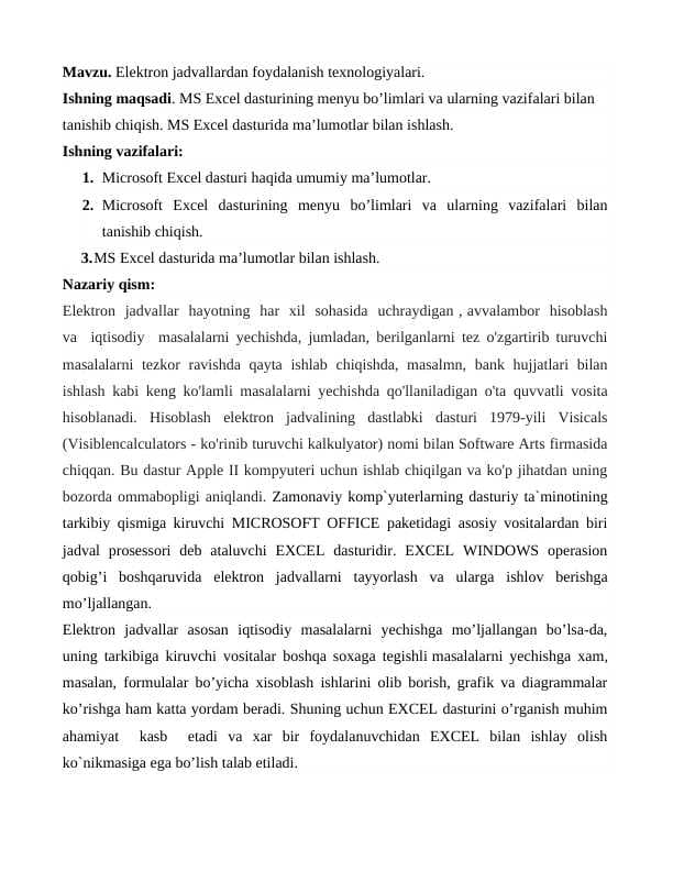 Elektron jadvallardan foydalanish texnologiyalari