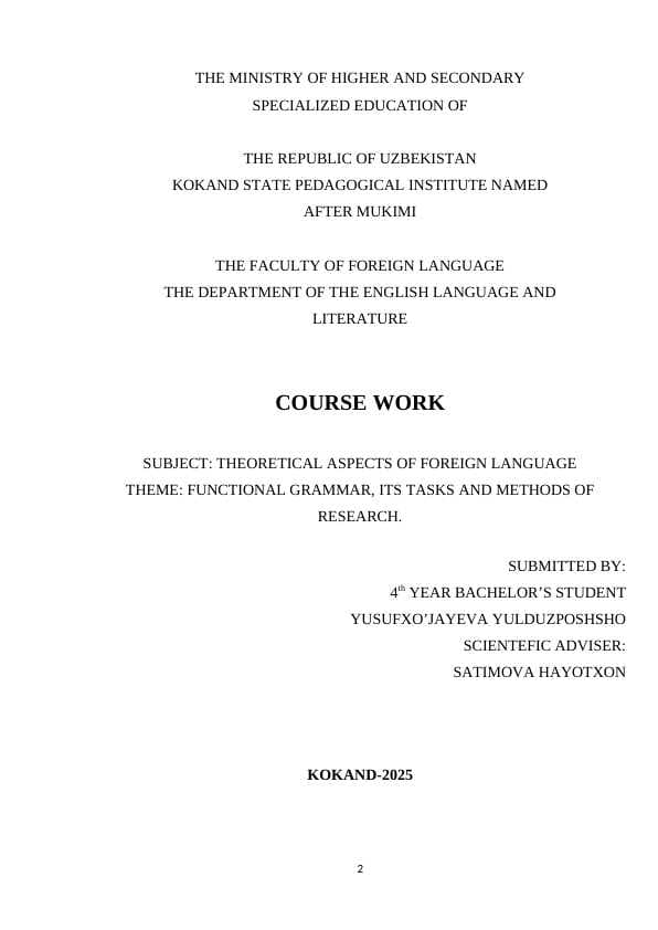 FUNCTIONAL GRAMMAR, ITS TASKS AND METHODS OF RESEARCH.