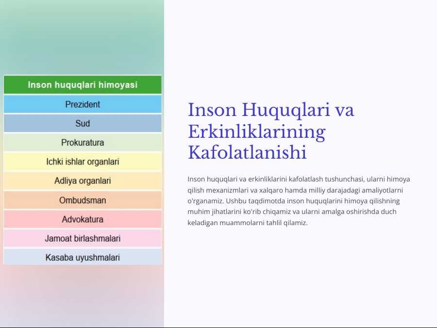 Inson huquqlari va erkinliklarining kafolatlanishi mavzusi bo'yicha slayd va krossword (9-sinf huquq)