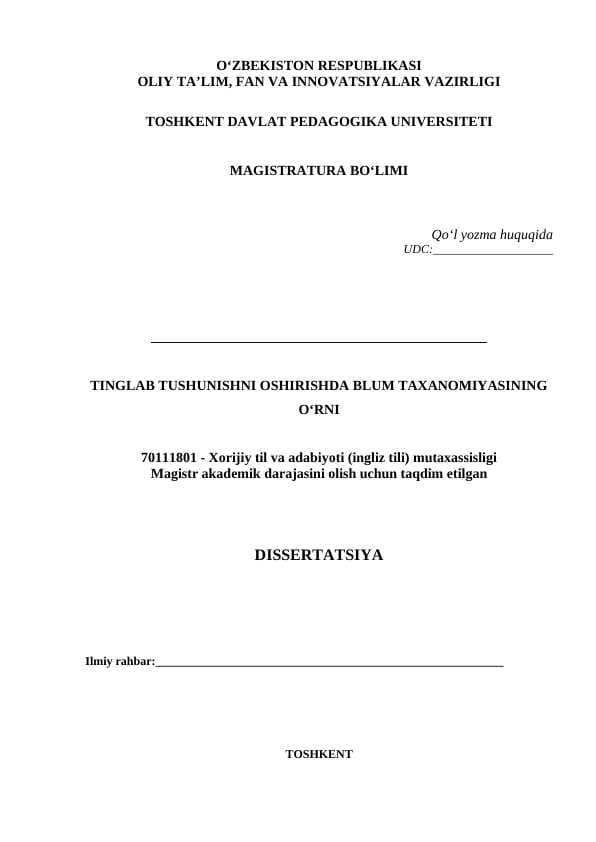 TINGLAB TUSHUNISHNI OSHIRISHDA BLUM TAXANOMIYASINING O‘RNI