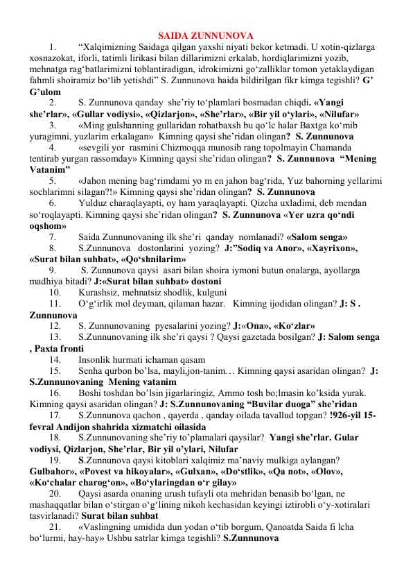 Saida Zunnunova va Shuhrat savol -javoblari