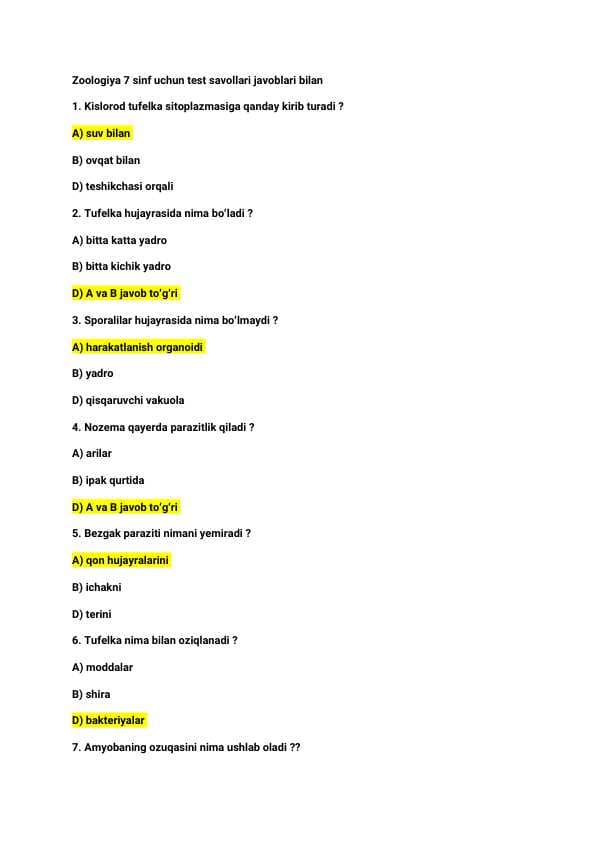 Zoologiya | 7-sinf | Test savollari | Javoblari bilan | 20 ta