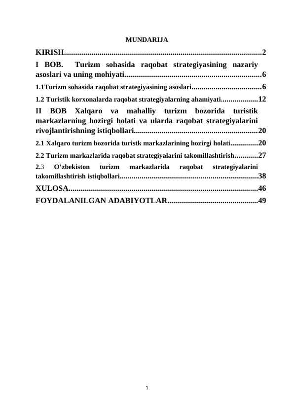 Turizmda raqobat strategiyalari va ularning samaradorligini oshirish