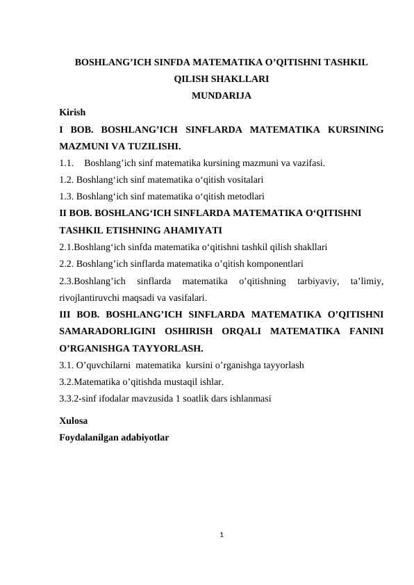 BOSHLANG’ICH SINFDA MATEMATIKA O’QITISHNI TASHKIL QILISH SHAKLLARI