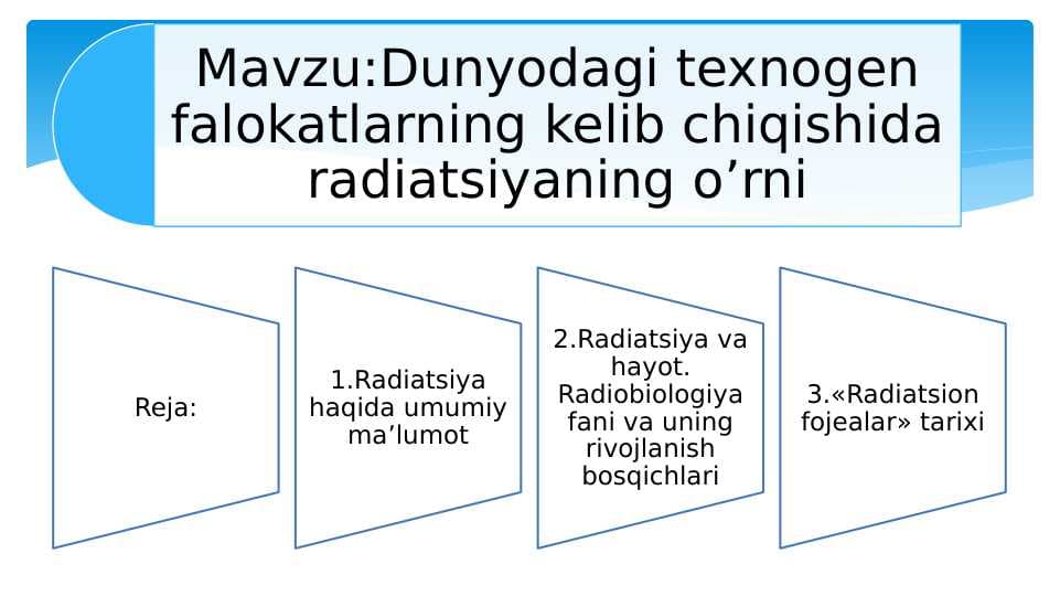 Dunyodagi texnogen falokatlarning kelib chiqishida radiatsiyaning o’rni