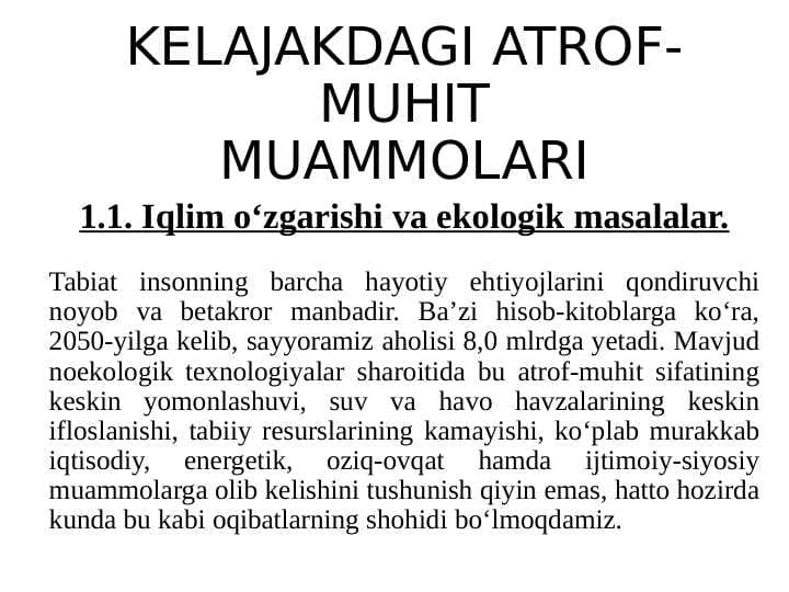 KELAJAKDAGI ATROF-MUHIT MUAMMOLARI