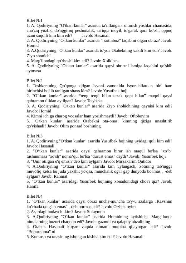 O'tkan kunlar savollar va javoblari