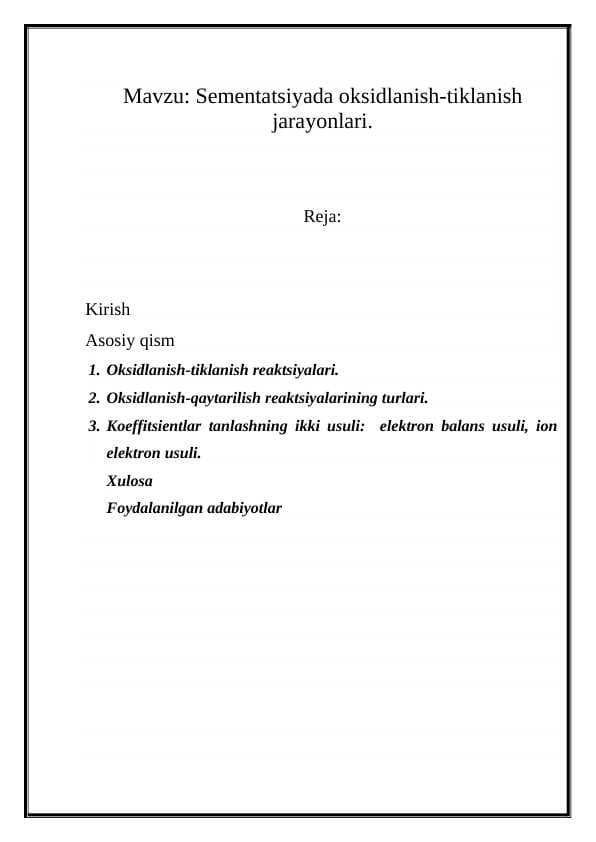 Sementatsiyada oksidlanish-tiklanish jarayonlari.