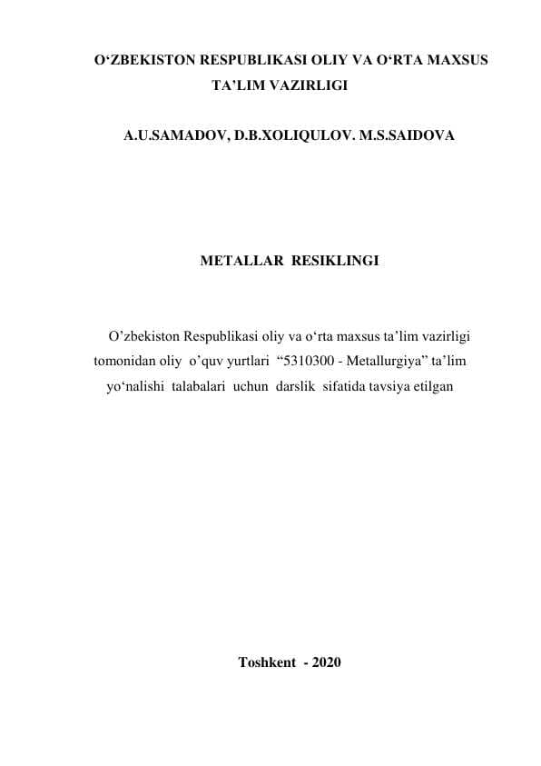 МЕТАLLAR  RESIKLINGI darslik