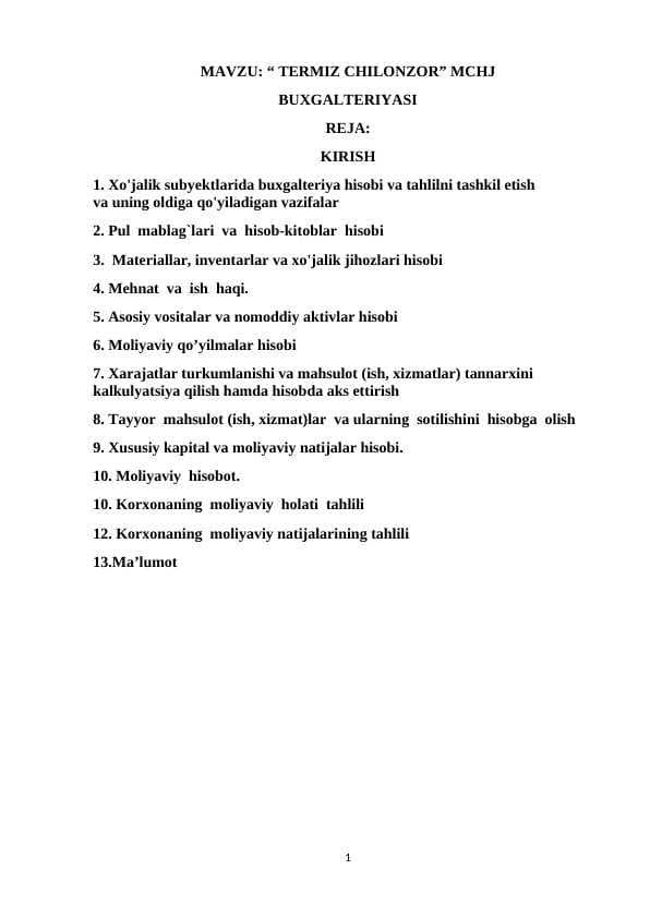“ TERMIZ CHILONZOR” MCHJ BUXGALTERIYASI