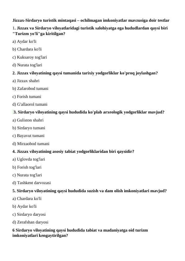 Jizzax-Sirdaryo turistik mintaqasi ochilmagan imkoniyatlari