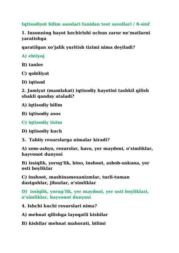 Iqtisodiyot bilim asoslari / Test savollari / 8-sinf