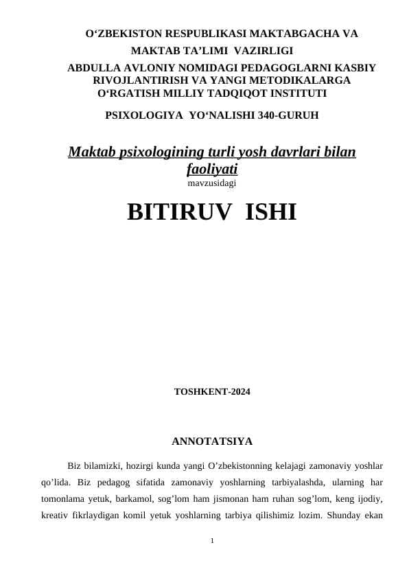 Maktab psixologining turli yosh davrlari bilan faoliyati