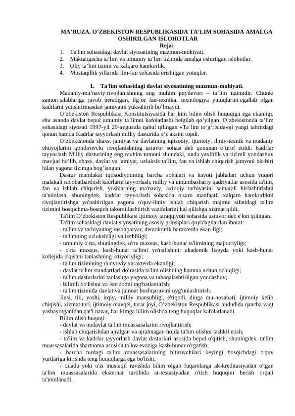 O’ZBEKISTON RESPUBLIKASIDA TA’LIM SOHASIDA AMALGA OSHIRILGAN ISLOHOTLAR