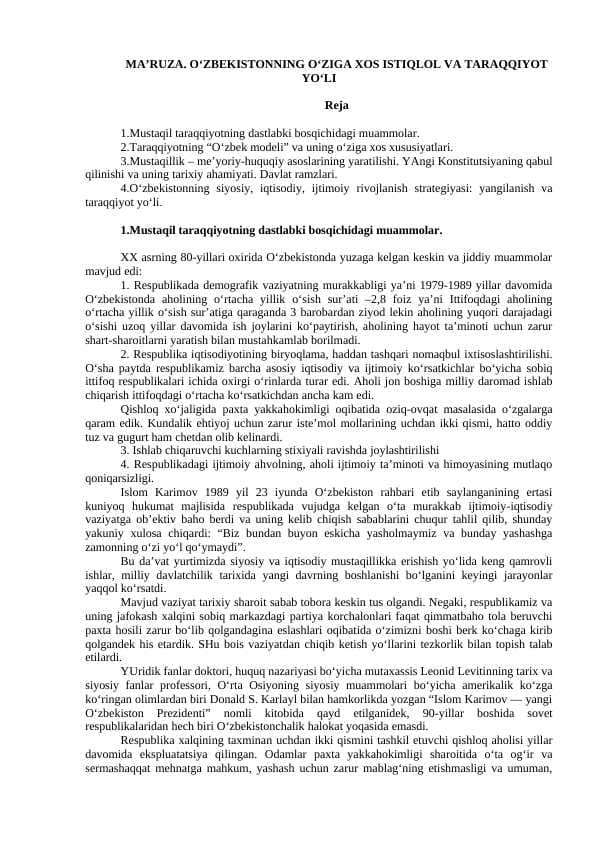 O‘ZBEKISTONNING O‘ZIGA XOS ISTIQLOL VA TARAQQIYOT YO‘LI