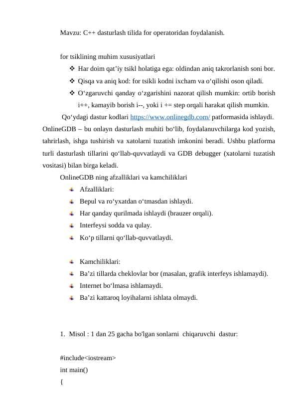 c++ dasturlash tilda for operatori bilan ishlash