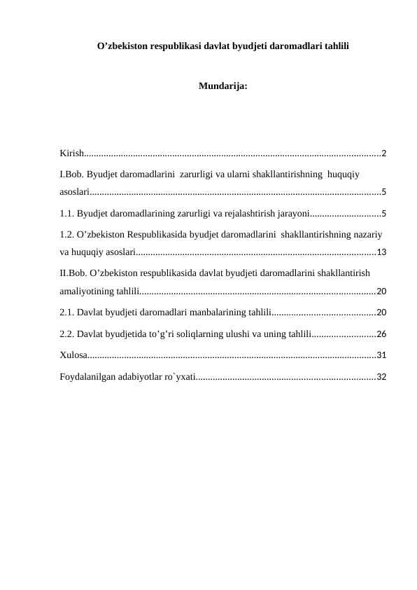 O’zbekiston respublikasi davlat byudjeti daromadlari tahlili