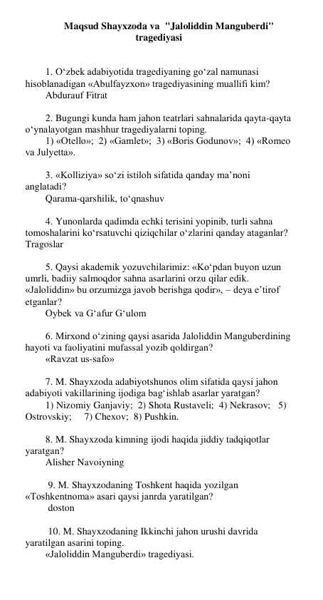 Maqsud Shayxzoda boʻyicha savol -javoblar